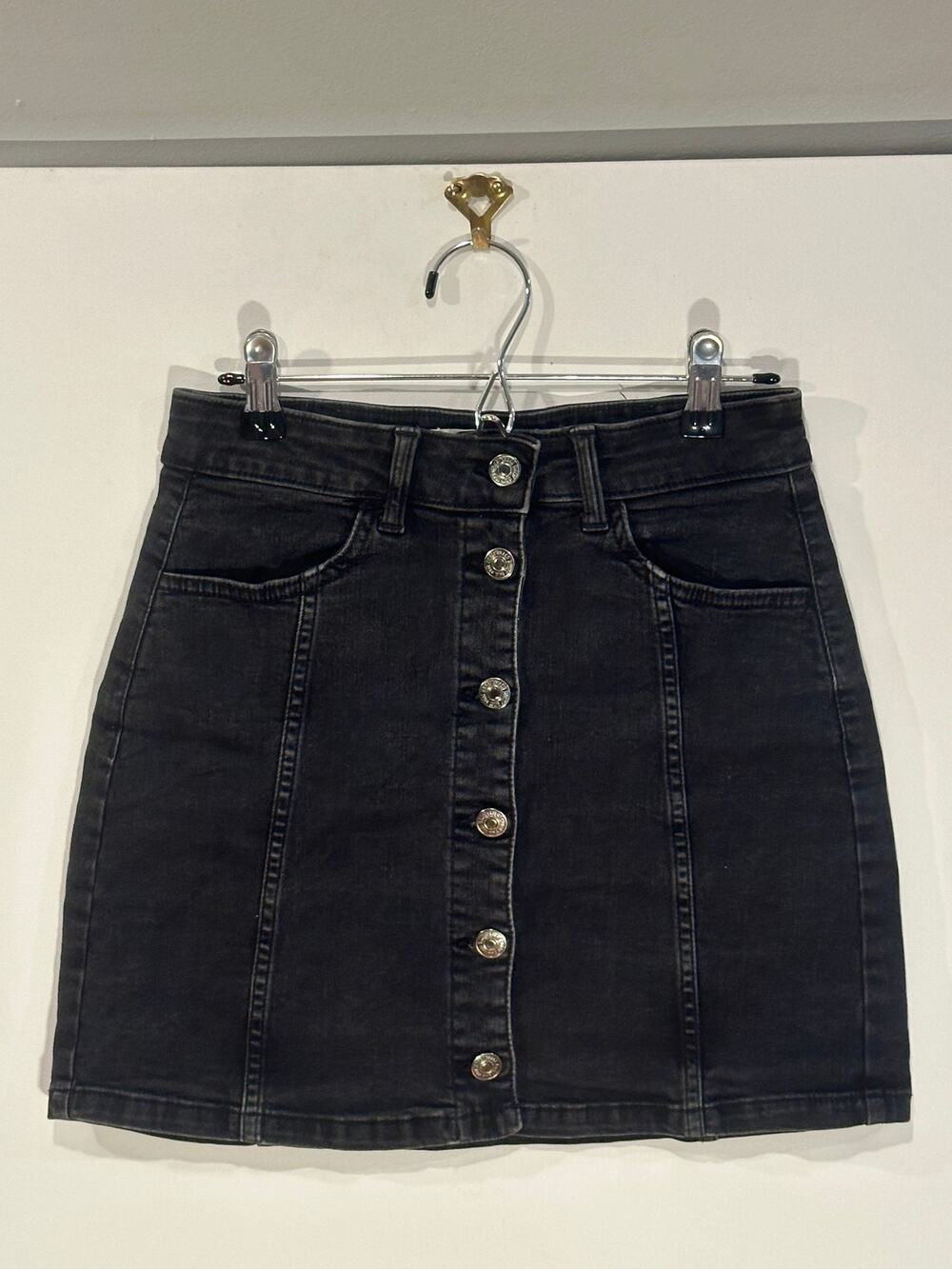 MNG Mango Vicky Button Front Washed Black Denim Mini Skirt Womens XXS XS